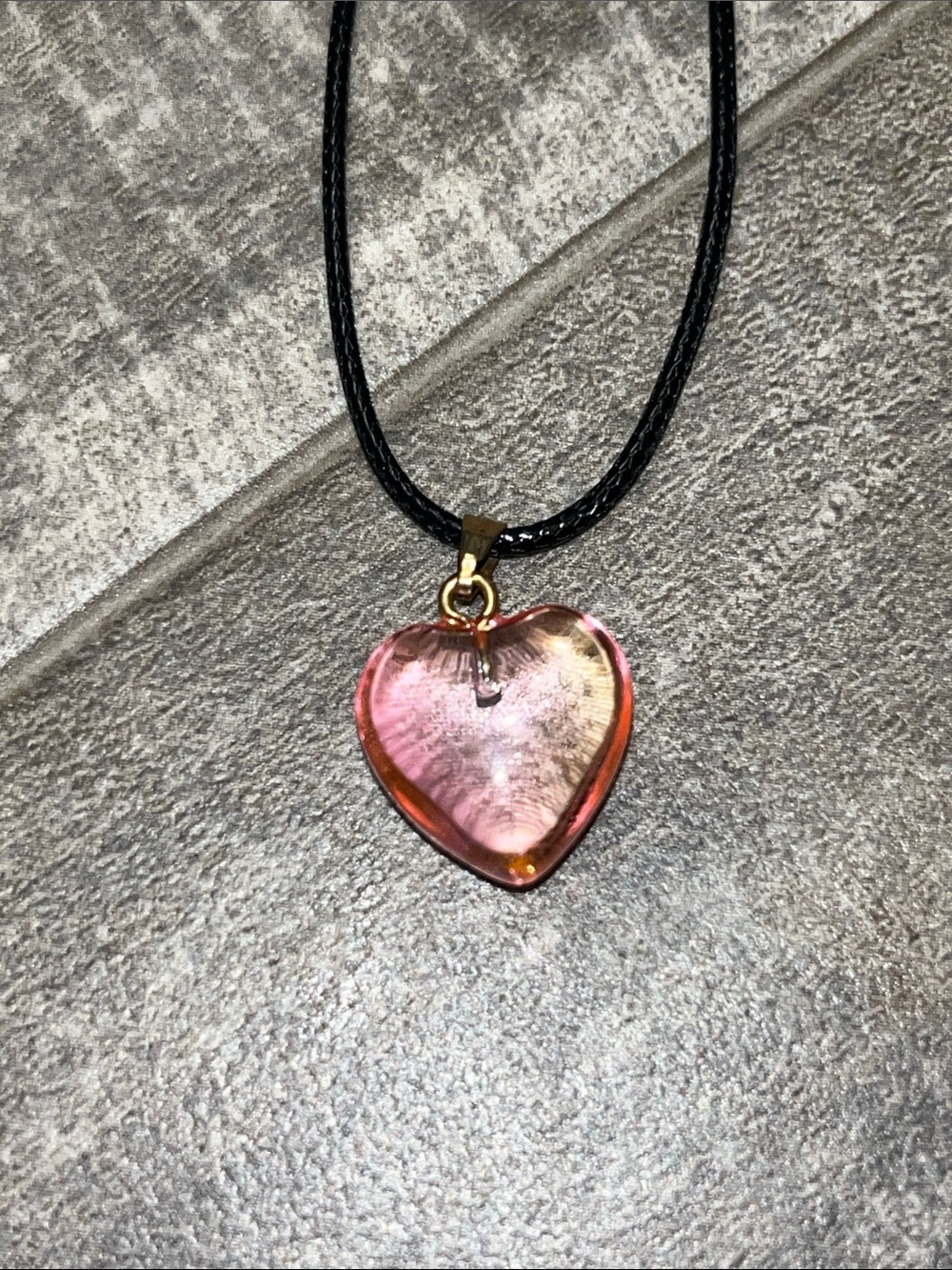 Pink Heart Glass Pendant Necklace on Black Cord B